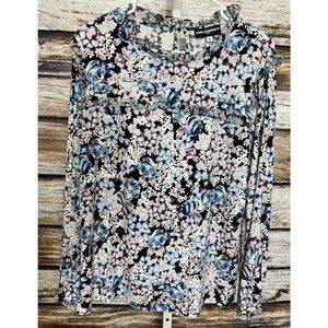 Karl Lagerfeld Women’s Top Medium Floral Long Sleeve Ruffled Purple Blue
